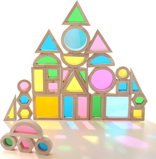 Dinhon 32-Piece Acrylic Rainbow Building Blocks Set for Kids - Colorful Stacking Blocks, Educational Toddler Puzzles, Preschool Learning Toys, Gifts for Ages 1 2 3 4 5 Boys and Girls