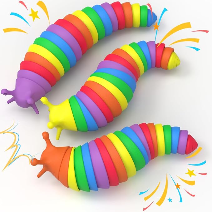 Cevioce 3PCS Slug Fidget Toys Bulk, Toddler Sensory Figette Worm for Adults Stress Relief for Autism ADHD Autistic Travel Toys Stocking Stuffer Gifts for Boys Girls 3+ Easter Basket Stuffers for Kids