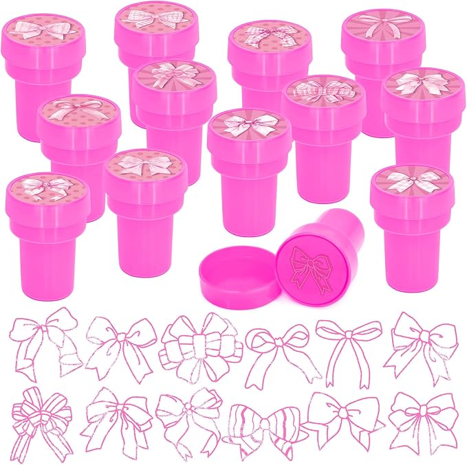 Cinrobiye 24 Pcs Pink Bow Stampers Party Favor Set, Cute Bow Stamps for Kids Birthday Party, Classroom Rewards, Girl Party Supplies, Goody Bag Fillers, Pink Themed Party Favors