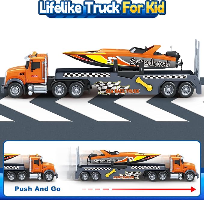 Bstoyder Toddler Boy Toys for 3 4 5 6 7 Years Kids, 21" Semi Flatbed Truck Toy with a Sea Race Truck, Friction Powered Vehicles Toys with Lights and Sounds, Birthday for Boy Girls