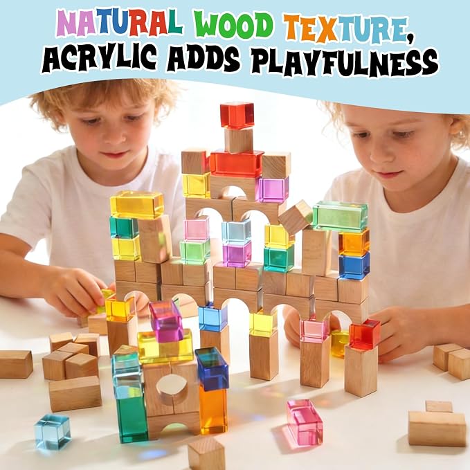 Dinhon 100Pcs Wooden & Transparent Acrylic Building Blocks Set, Beech Wood Stacking Blocks with Storage Bag, Sensory Light Construction Toy, Montessori Educational Gift for Toddler Kids 2-6 Years Old
