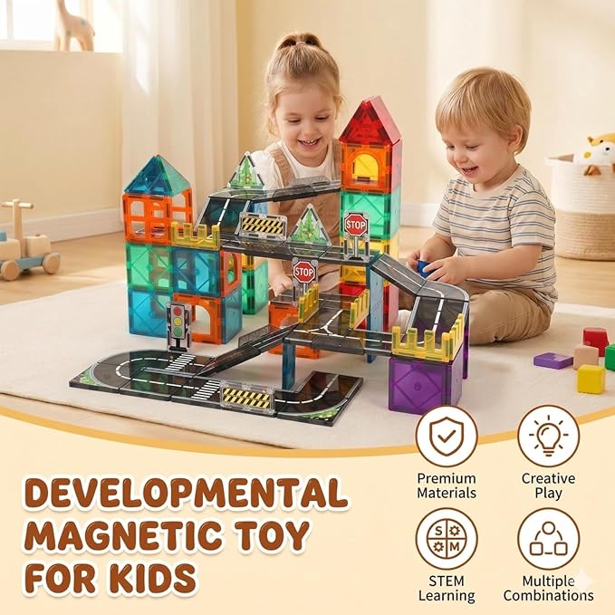 Magnetic Tiles Road Set, 89 PCS Magnetic Building Blocks with Roads | Bridges & Ramps, STEM City Building Toys for Kids Ages 3-8, Educational Construction Magnet Toys, Gifts for Boys Girls
