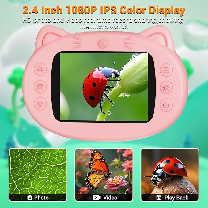 Pocket Kids Microscope, 1000X Handheld Microscope for Kids w/2.4'' Screen, Photo Video Mini Portable Microscopes Science Edu Digiscope, Christmas Birthday Gifts Ideas for Kids Ages 3-12