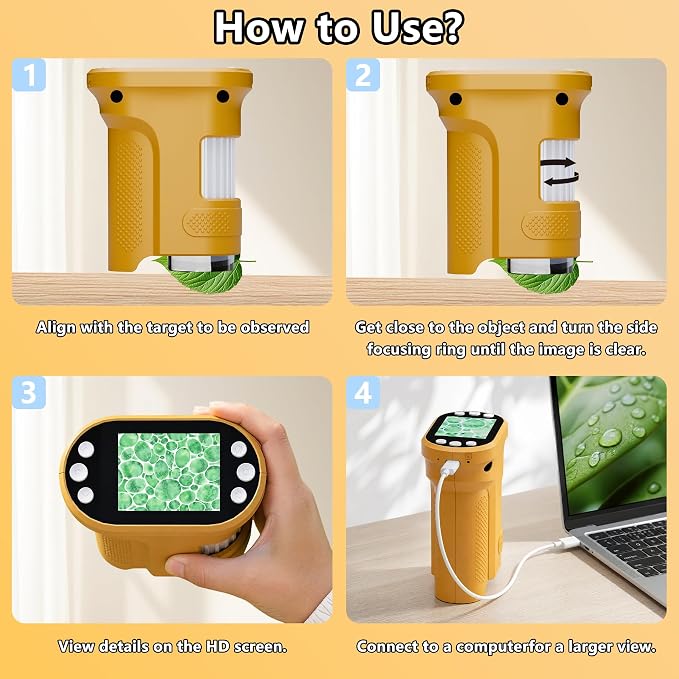 Kids Digital Microscope, 1000X Handheld Pocket Microscope STEM Science Toy | 2.0" IPS Screen, 8 LED Lights, Photo & Video Capture, Rechargeable Design, Educational STEM Gift for Kids Ages 3-12