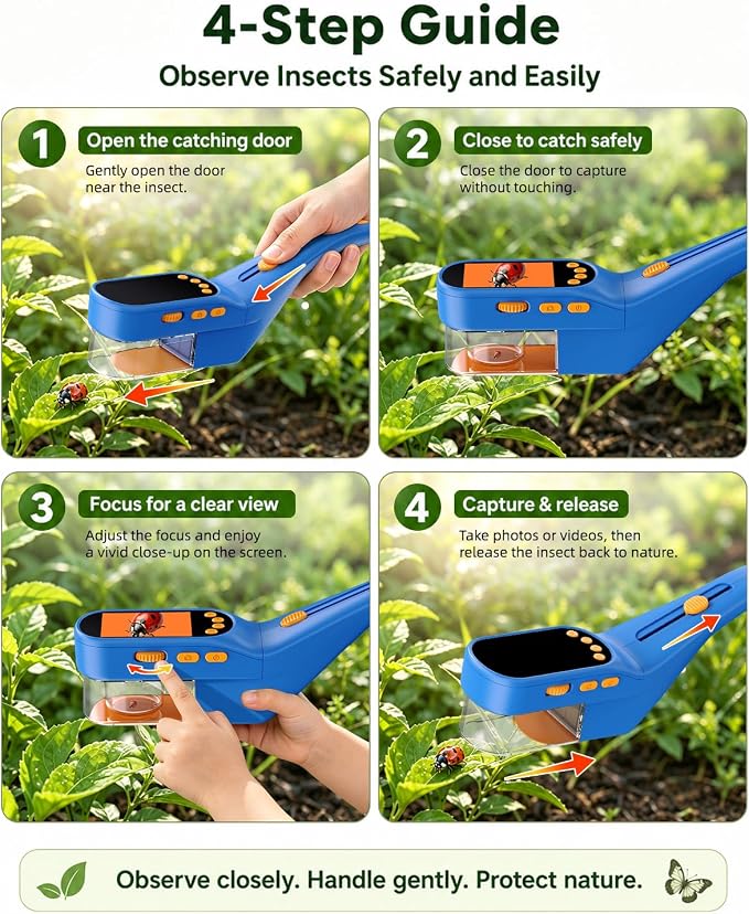 Ashfly Bug Catcher for Kids, Handheld Microscope for Kids with Screen | No-touch catching with clear chamber, manual focus, photo/video and USB-C PC viewing for close-up insect observation