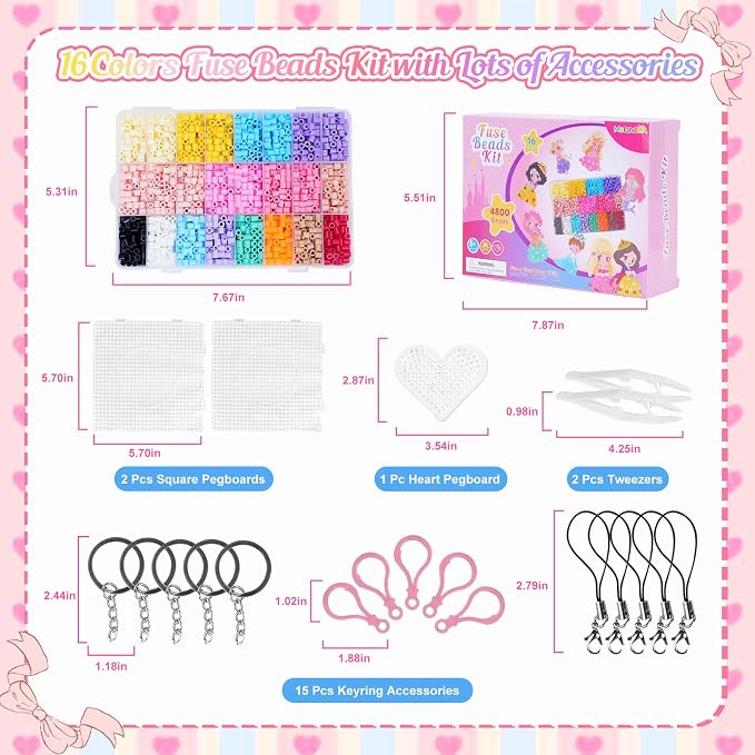 Meland Fuse Beads Kit, 5MM 4800 Princess Rainbow Beads for Girls Ages 5-12 | Includes 3 pegboards and craft accessories for colorful patterns, keychains and screen-free creative projects