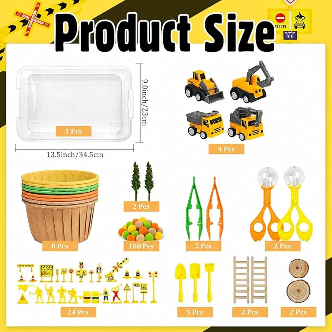Cinrobiye 150 Pcs Construction Theme Activity Fillers Set with Storage Box, Excavator Accessories, Road Signs, Tools, Building Materials & Sorting Supplies for Classroom Activities, Home Projects