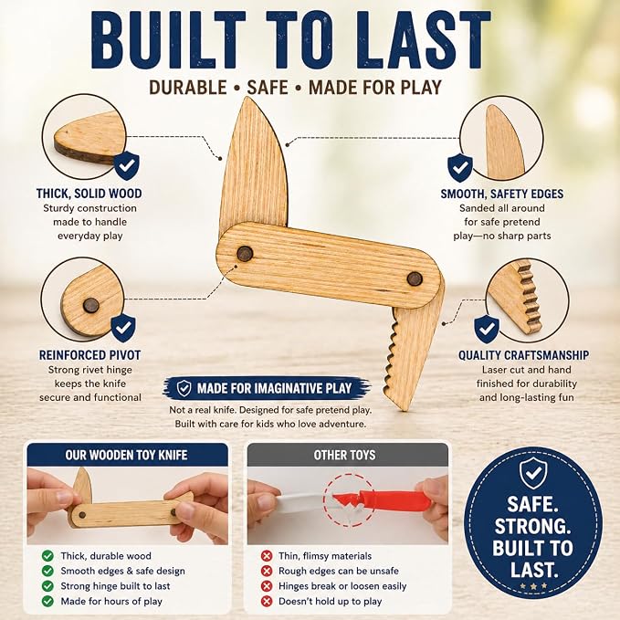 Set of 2 Wooden Pocket Knife Toy for Kids | Pretend Play Folding Camping Toy | Children Adventure Toy | Outdoor Explorer Gift for Boys & Girls Ages 3+