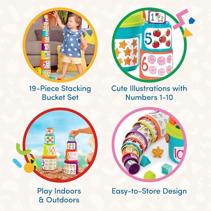 Battat Stacking Cups Shape Sorter, Sort & Stack Nesting Cups Set, Toddler | 19-piece toddler set with 10 nesting cups, 8 shapes, and shape sorter lid for stacking, sorting, water and sand, 18+ Months