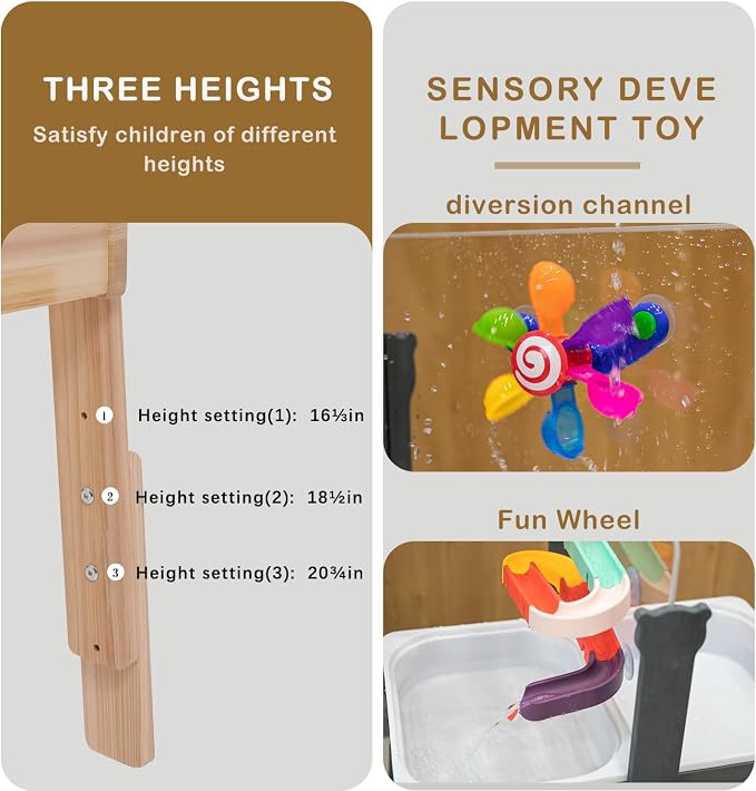 PHOKID Wooden Sensory Play Activity Table,Sand and Water Table for Toddlers,2 Sensory Bins, Acrylic Board & Water Track Toys,Montessori Kids Tables Learning Toy for Age 3+,Orignal Wood Color