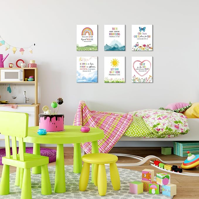 HOURIA Framed Kids Rainbow Religious Christian Wall Art (6pcs,8“X10” | Sunday School Decorations For Classroom playroom