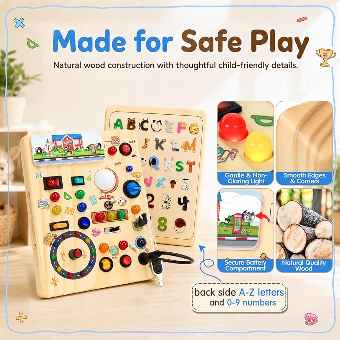 Busy Board with LED Light Switches, Montessori Toys for 1 2 3 Years Old, Toddlers Wooden Toy Sensory Activity Board, Travel Toys for 1+ Year Old Boy & Girl Birthday Gift (School)