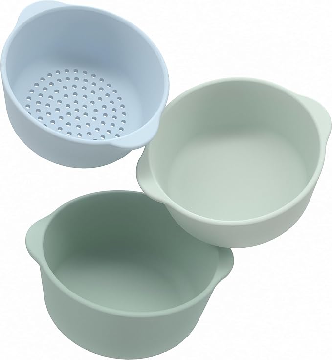 3 x Silicone Green Nesting Bowls for Kids Plus Water and Sand Sieve | Kids Bowls Sensory Play | Messy Play and Water Play Accessories | Suitable for 10 Months Plus | Tuff Tray Accessories
