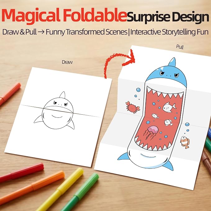Cavnewt Kids Coloring Book with Foldable Surprise Design, Expandable Long Coloring Pages, Creative Drawing Activity Book for Toddlers & Kids, Screen-Free Travel Activity,Ideal Gift for Kids