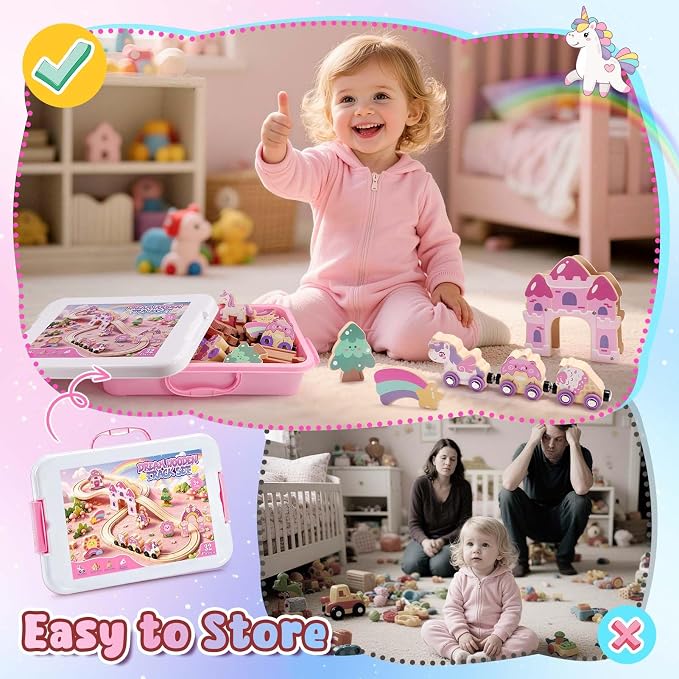 Unicorn Wooden Train Set for Girl 3-5, Birthday Gifts Toys for 2 3 4 5 6 Year Old Toddler Girls, Learning Gift Toy for Toddlers Kids Age 2-4, 32PCS Princess Castle Train Track Sets with Storage Box