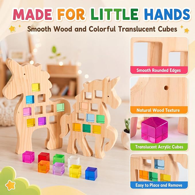 Soulchen Kids Wooden Building Block Set, 20 Rainbow Gem Cube Stacking Blocks - 2 Unicorn Skeletons, Montessori Toddler Stacking Toy, Learning Educational Toy Sensory Gift for Boys Girls