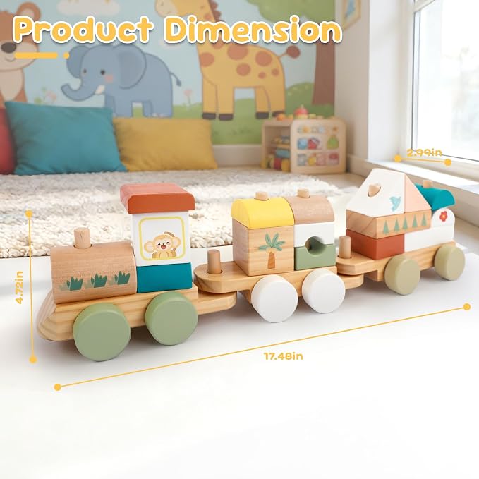 FReniland Wooden Montessori Train Set, 18PCS Wooden Building Blocks Train Toy for Toddlers 1-3, Stacking Learning Toy, Fine Motor Skills Preschool Educational Gift for Boys Girls
