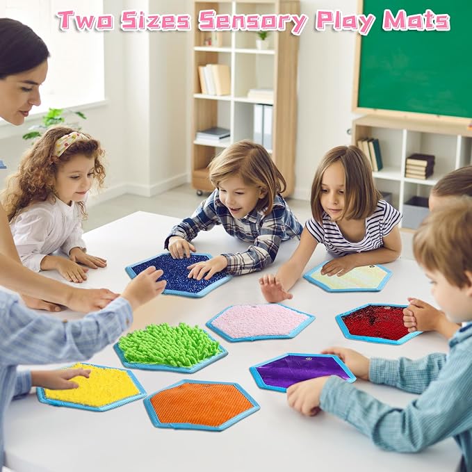 Boao 8 Set Mini Sensory Mats Assorted Textured Play Mats Sensory Floor Tiles Educational Tactile Toys for Activity(7.1 Inch,Hexagon)