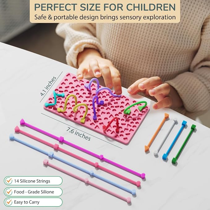 Sensory Activity Board for Kids Boys Girls, Fidget Toys for Stress Anxiety Autistic ADHD, Fidgets for Classroom Travel Airplane Toys for 3+ Year Old, Portable Travel Storage Box & 14 Strings
