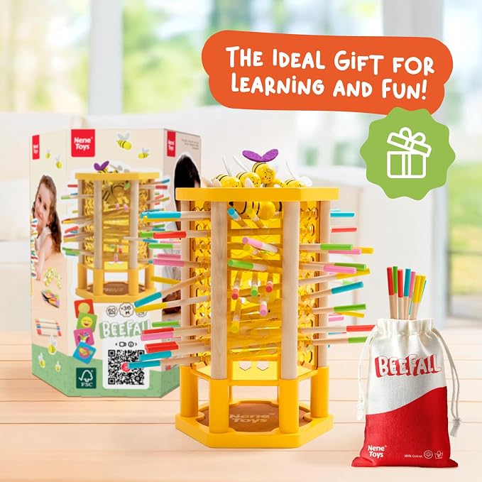 Nene Toys BeeFall Jumbo, 4-in-1 Wooden Honey Bee Toy for Kids Ages 3-9 - Educational Game with Wooden Honeybee Hive, 12 Bees, Colorful Sticks, Dice & Cards - Fun Family Game for Cognitive Development