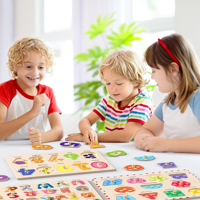 Zeoddler Wooden Montessori Puzzles for Toddlers, 3 Pack ABC, Number and Shape Puzzle for Kids, Preschool Learning Activities, Gift for Girls Boys