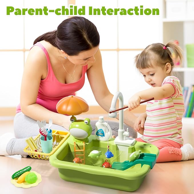 CUTE STONE Play Sink with Running Water, Kitchen Sink Toys with Upgraded Electric Faucet, Play Kitchen Toy Accessories, Pool Floating Fishing Toys for Water Play, Kids Role Play Dishwasher Toy