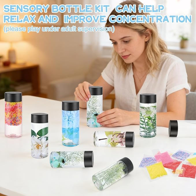 YEXEXINM 16pcs Empty Sensory Bottles Kits, 300 ml Leakproof Clear Plastic Sensory Bottle with Lids with Sequins Accessories, Reusable Water Bottles for Sensory Crafts Handmade Party Supply