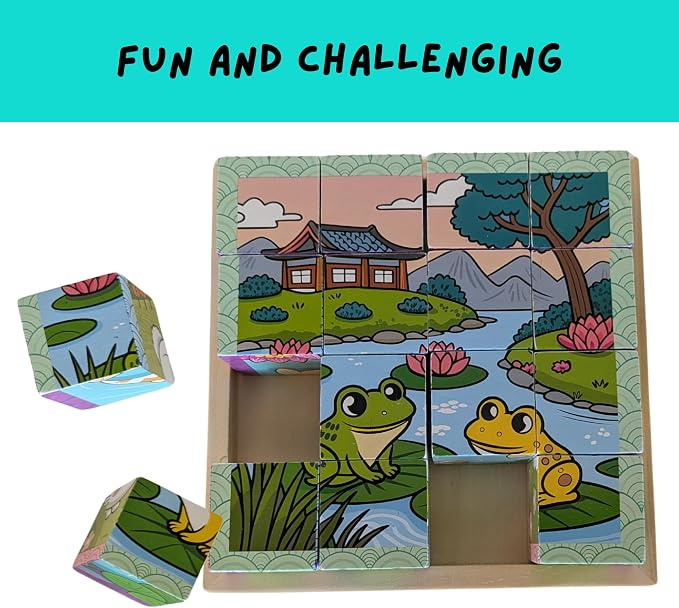 6-Sided Wooden Block Puzzle for Toddlers & Kids — 6 Puzzles in 1, Dogs, Cats, Frogs, Fish, Nature & Mountain Scenes, 16 Solid Birchwood Pieces with Wooden Storage Tray