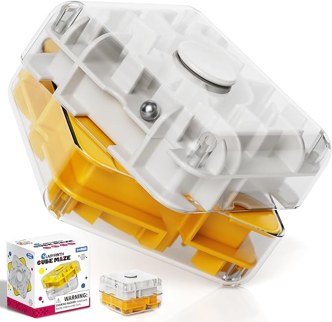 3D Maze Cube Ball Puzzle Brain Teaser for Adults & Kids, Educational Learning Toys Logical Thinking, Family Board Games Tabletop, Durable Puzzle Cube (White&Yellow, 2.4x1.8x2.4)