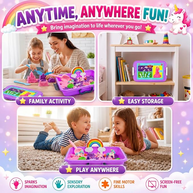 AGENTLAN Unicorn Sensory Bin,Sensory Sand Kit, Gift for Girls Ages 3-8 | Unicorn toys, sensory toys with portable sand box, indoor outdoor kits for girls and boys