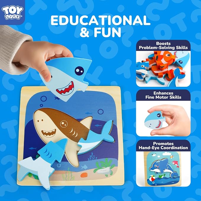 TOY Life Wooden Puzzles for Toddlers 2-4, Sea Animals Puzzles for Toddlers 1-3, Wood Puzzles Educational Montessori Toys Gifts for 1 2 3 Year Old, Baby Kids Learning Toy