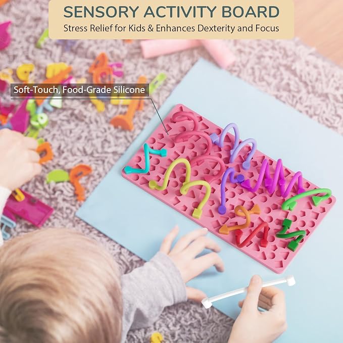Sensory Activity Board for Kids Boys Girls, Fidget Toys for Stress Anxiety Autistic ADHD, Fidgets for Classroom Travel Airplane Toys for 3+ Year Old, Portable Travel Storage Box & 14 Strings