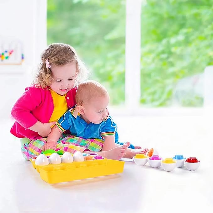MAGIFIRE Toy Eggs for Toddlers 1-3 - 12 Matching Plastic Eggs, Assorted Colors and Shapes - Fun Gift for Toddlers - Montessori Matching and Sorting Set - STEM Educational Toy
