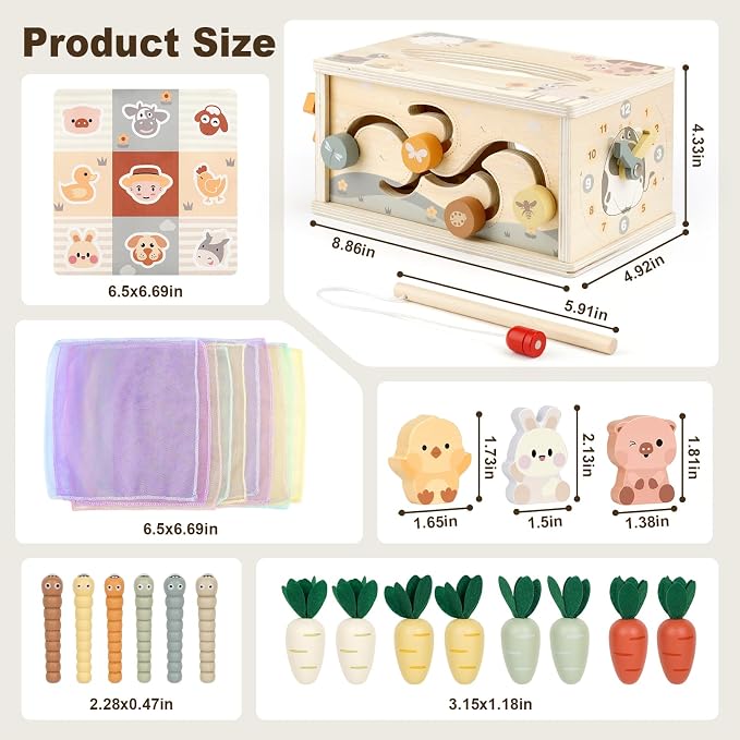 Joyreal 8-in-1 Montessori Tissue Box Toys for 1+ Years Wooden Activity Cube | Neutral Color, Farm Animal Toy, Shape Sorting, First Birthday Gift for Boy/Girl, Educational Toy, Sensory Toy for Toddler 1-3