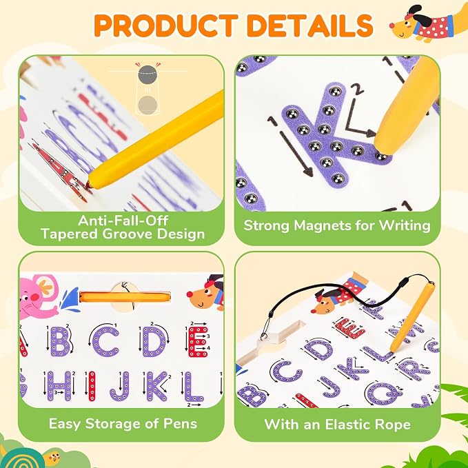 JoyCat Magnetic Animal Letter Tracing Board, Double-Sided ABC Writing Toy | Uppercase/lowercase writing practice builds preschool skills; road trip car activities for toddlers and kids ages 3-5.