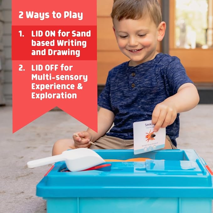 Chuckle & Roar 2-in-1 Seek & Write Sensory Bin – Montessori Tactile Learning Activity Set with Sand Writing Lid, 50 Activities, Tools & Storage Bin for Kids Ages 3-6+