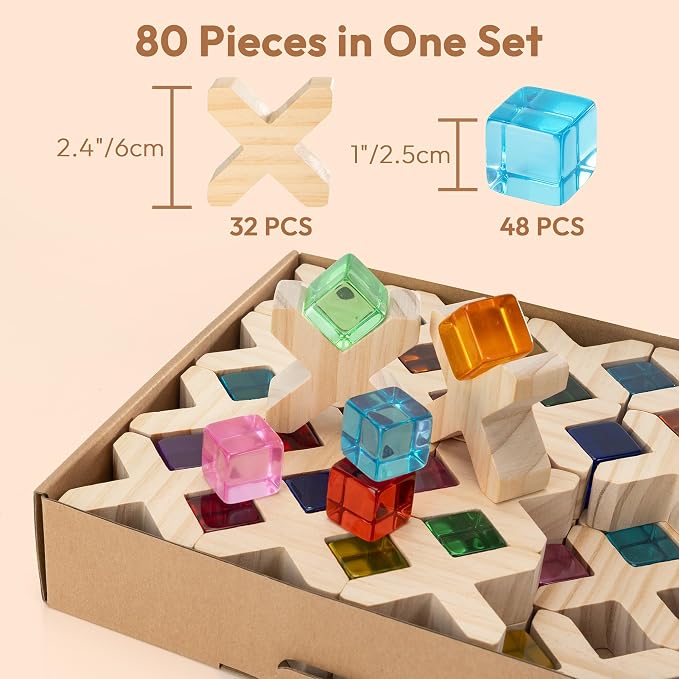 Woodtoe 80 PCS Rainbow Building Blocks Set, Wooden Blocks for Kids Ages 3-6 | Montessori Stacking Toy, 48 PCS Acrylic Blocks, 32 Wooden Blocks, Educational STEM Learning Sensory Toy Gifts for Boy Girl