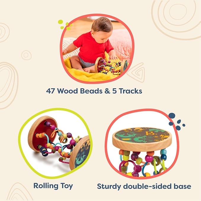 B. toys Loopty Loo Bead Maze Wooden Rolling Toy, 47 Beads, 5 Routes | Classic wooden wire maze with 47 beads on 5 routes for grasping, sliding, flipping, and rolling play, Wood Toys, 18+ Months