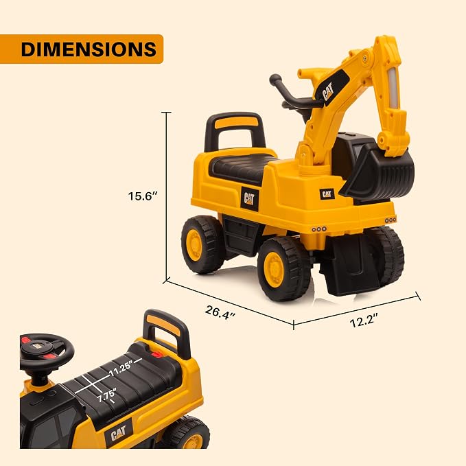 Best Ride On Cars CAT Excavator Push Car – Licensed Caterpillar Ride-On Digger Toy for Kids with Rotating Bucket & Under-Seat Storage – Construction Vehicle for Toddlers