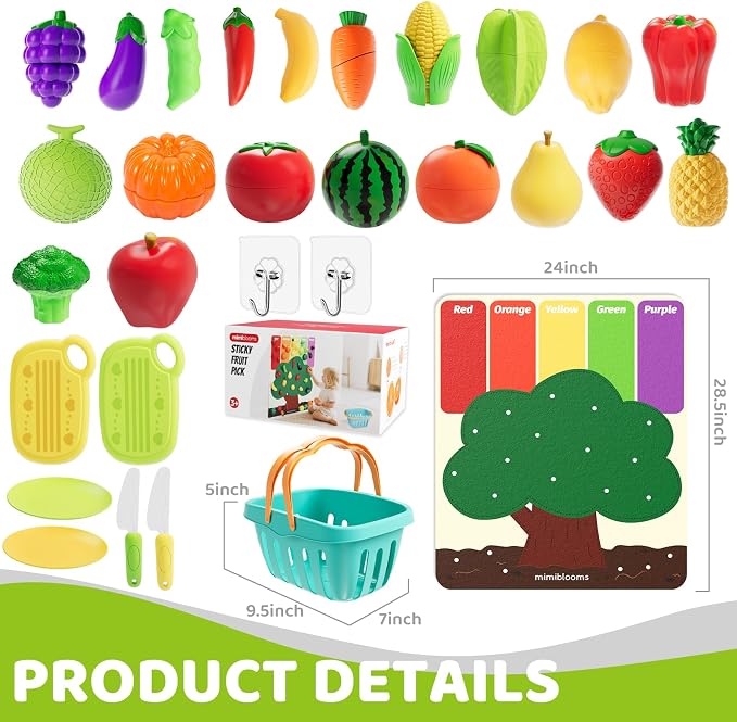 Color Sorting Play Food Set with Cutting Fruits&Felt Tree Mat | Pretend Food Play Kitchen Accessories,Food Playset, Preschool Learning Toys for Kids Ages 3 4 5 6 Boys Girls Gift