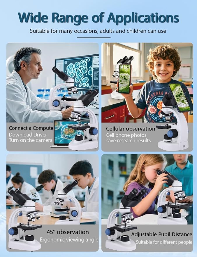 Microscope for Adults WF10x and WF25x Eyepiece | Woehrsh Microscopes 40X-2000X Magnification USB Camera, Microscope for Adults Suitable for Laboratory School
