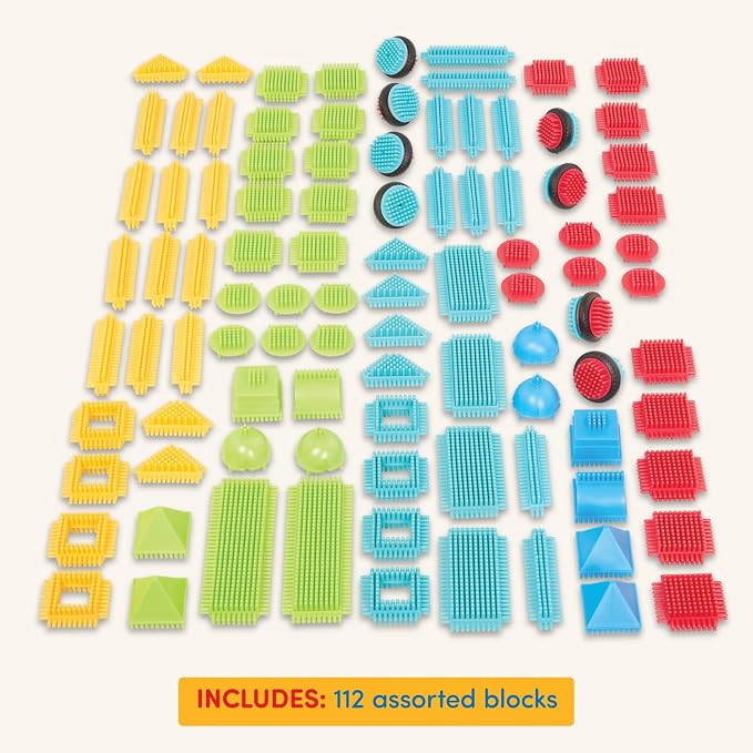 Battat Bristle Blocks Basic Builder Set, 112-Piece Building Blocks, Playset | Interlocking building blocks with soft bristles, assorted sizes and colors, plus 8 wheels for motion play, Playset, 2+ Years