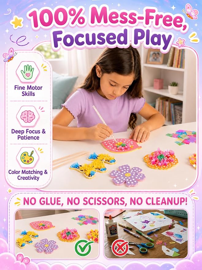 Kivonio Poke Art Kit for Kids - Flower Bouquet, DIY Wood Craft Kit, Mess Free Creative Play for Girls and Boys Ages 4, 5, 6, 7, 8, 9, Fine Motor Skills, Screen-Free Fun