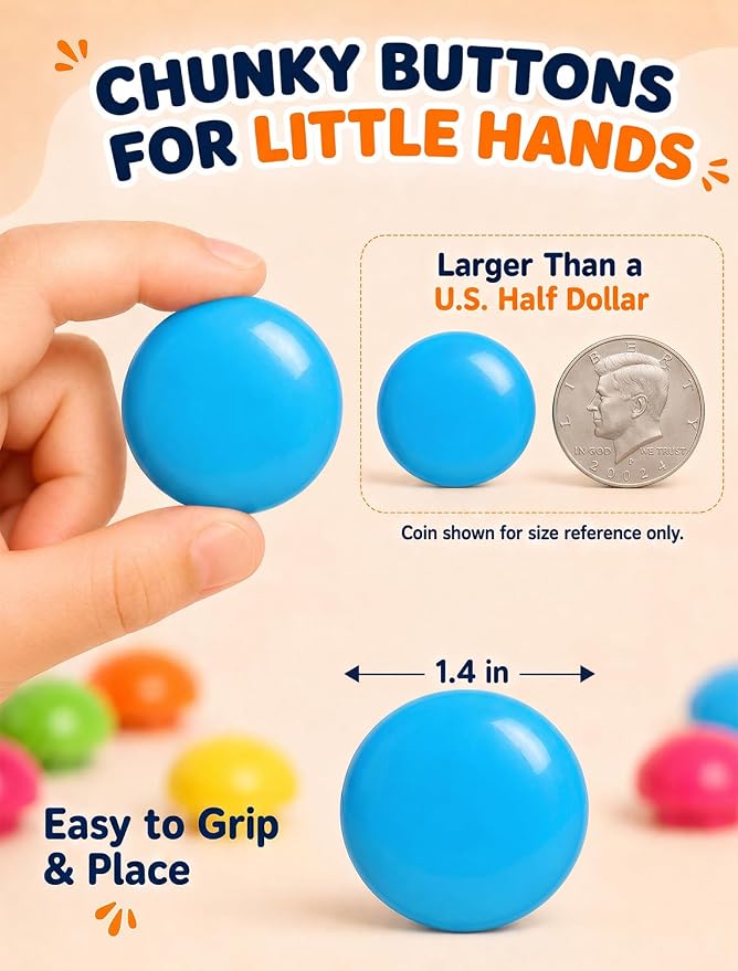 AluAbi Large Button Art Toy for Toddlers, Mosaic Peg Board, Ages 3+ | 12 picture cards and 46 colorful buttons; 10 x 10-inch color matching board with 1.4-inch pieces for fine motor play