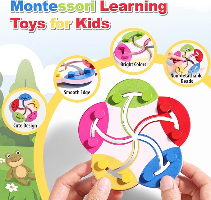 Wooden Montessori Toys for 2 3 4 5 Year Old | Color Sorting Bead Maze Board, Fine Motor Skills Preschool Learning Activities, Travel Game for Toddlers