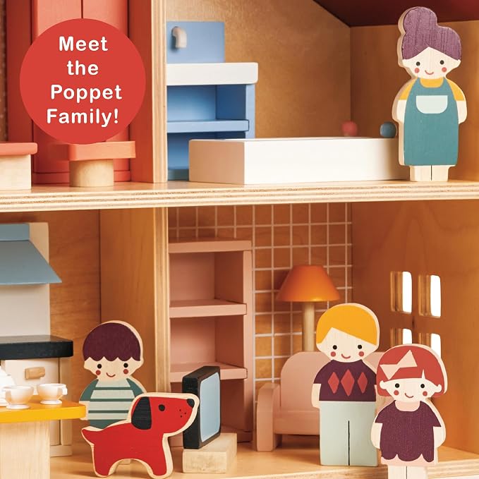 Mentari Toys - Doll Family with Dog - 5pc Solid Wood Doll Set with Playful Pup - Perfectly Sized for Pockets and Little Hands - Encourages Imaginative Play and Social Skills - Age 12m+