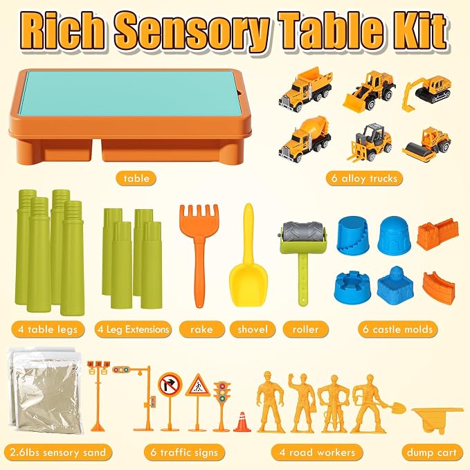 Lehoo Castle Sensory Table with Play Sand 2.6Lbs, Lid, 6 Trucks & Molds | Sensory Bin with Upgraded Adjustable Legs, Construction Kit, Indoor and Outdoor Sand Table Toys for Toddler Boys and Girls