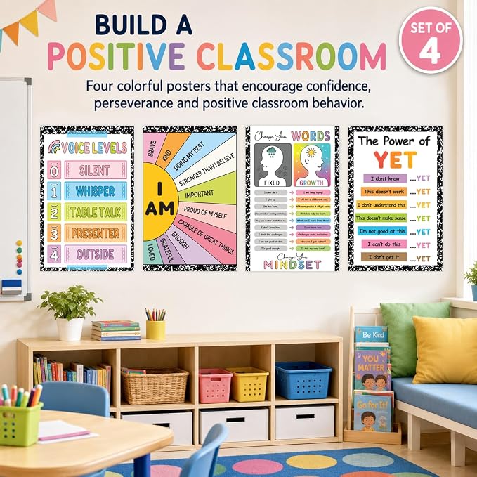 Growth Mindset Posters for Classroom, Set of 4 Large 11x17 Growth Mindset Classroom Decor, Voice Levels Poster, Change Your Words, Power of Yet & Positive Affirmation Mindset Poster