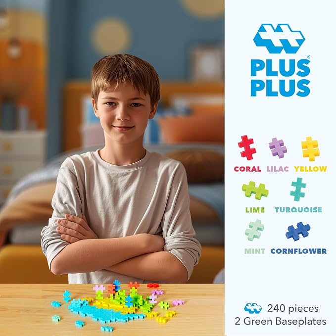 PLUS PLUS 240 Piece Tropical Mix Tube & Baseplate - Waffle Blocks Stem Toy | Sensory Bin Fillers, Gifts for Boys & Girls, Classroom Must Haves, Christmas Stocking Stuffers for Kids, Math Manipulatives