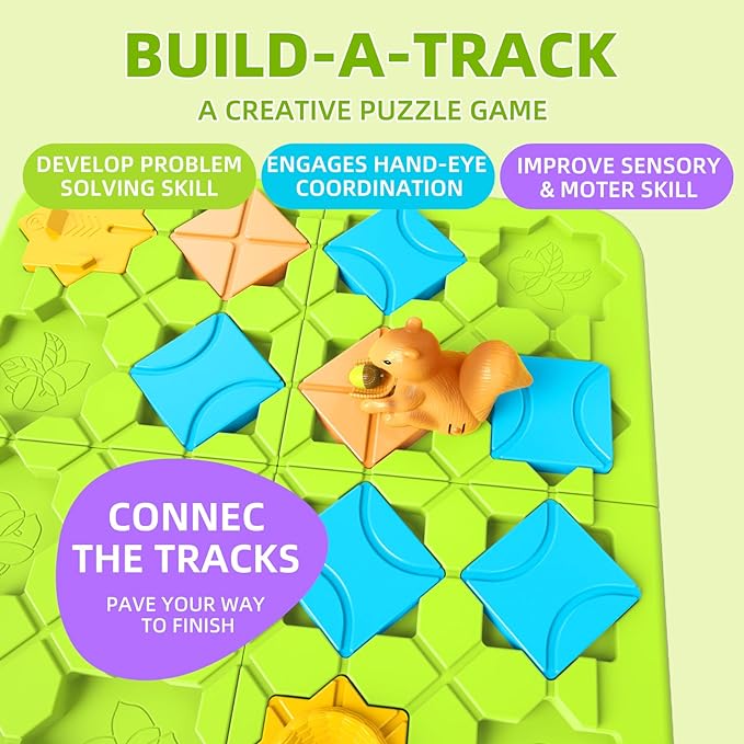 burgkidz Road Builder STEM Toys: 118 Challenges Board Games & Maze Puzzles | Squirrel Logic Track Building Blocks for Kids Ages 4 8 Montessori Educational Brain Teaser Birthday Gifts for Boys Girls